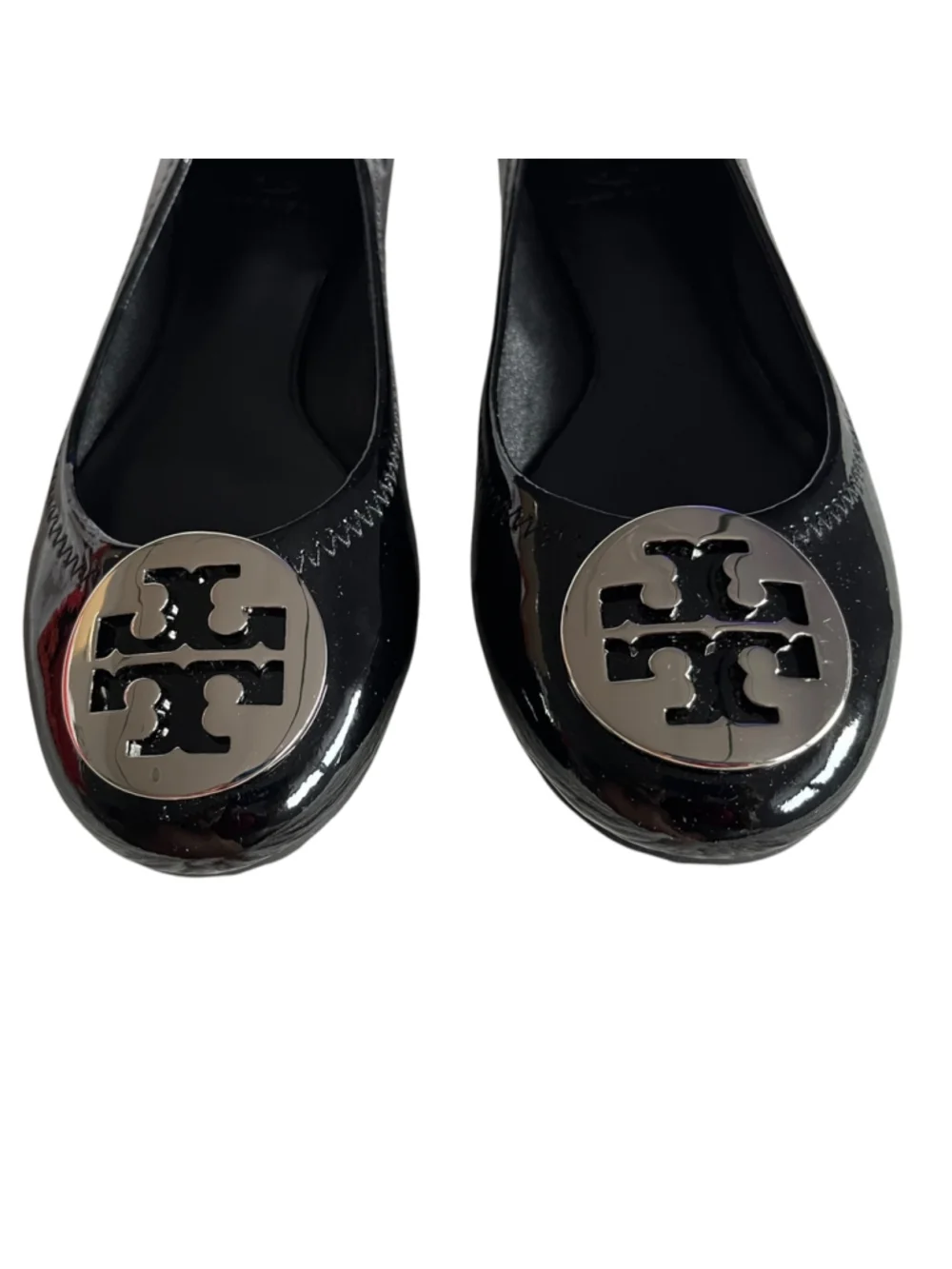 Tory Burch Black Patent Leather REVA Ballet Flats Silver Logo 7